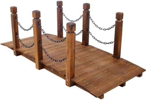 5 ft Wooden Garden Bridge with Chain Railings, 500 LBS Capacity Arch Bridge - Image 5