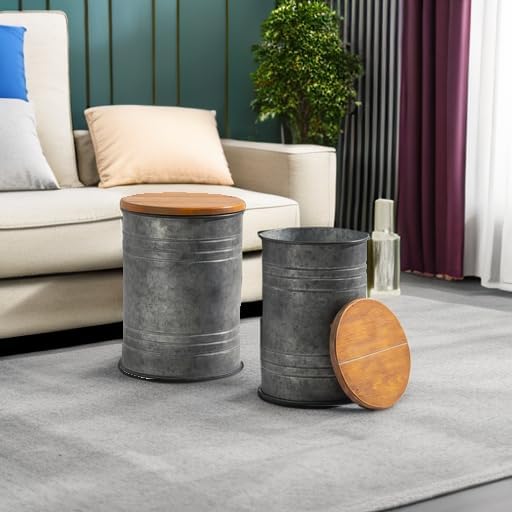Glitzhome Rustic End Table Set of 2, Farmhouse Galvanized Metal Barrel Ottoman - Image 6