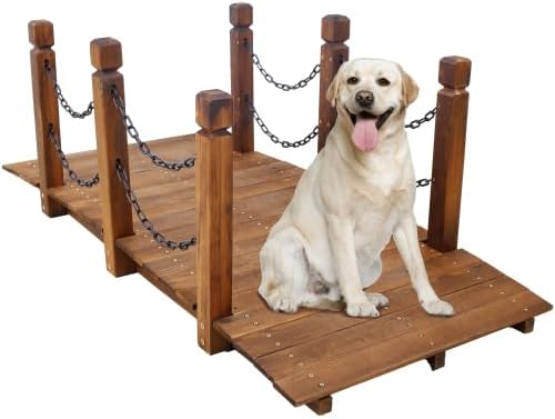 5 ft Wooden Garden Bridge with Chain Railings, 500 LBS Capacity Arch Bridge - Image 3