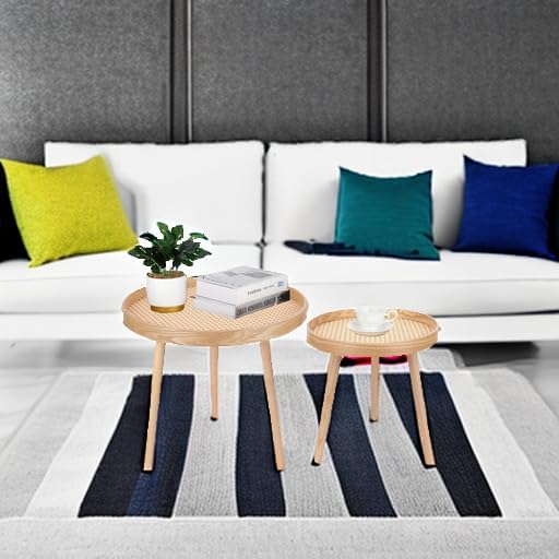 Round Coffee Table Set of 2, Natural Boho Coffee Tables, Small Mid Century - Image 5