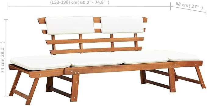 vidaXL Solid Wood Garden Bench Day Sofa Bed w/Cushions Outdoor Patio Garden - Image 3