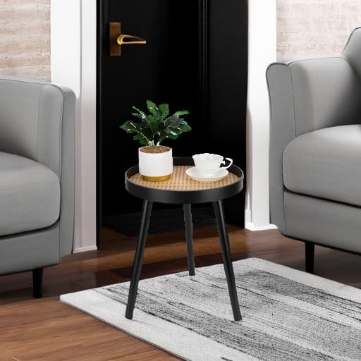 Rattan Round Side Table, Modern Boho Bedside Mid-Century Patio Side End Tables - Image 6