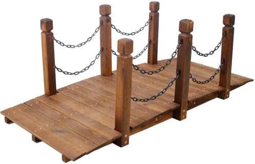 5 ft Wooden Garden Bridge with Chain Railings, 500 LBS Capacity Arch Bridge - Image 6