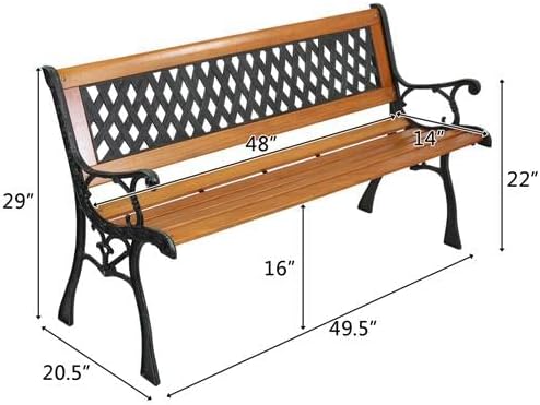 Outvita 49.5in Garden Bench, Deck Hardwood Seat and Metal Armrest Park Bench - Image 3