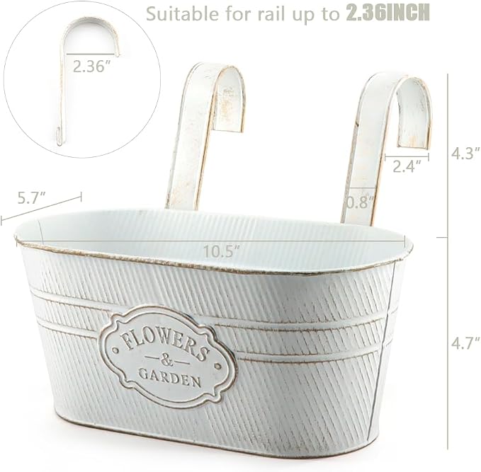 3 Pack Metal Railing Planters, 10.5" Oval Hanging Flower Pots - Image 2