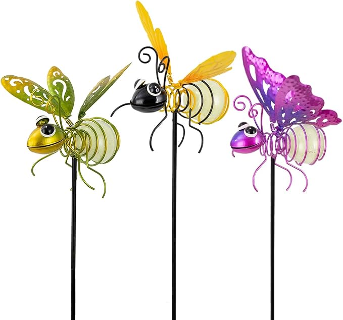 Garden Decor for Outside, Glow in The Dark Bee Lights Metal Yard Art, by SATHGA