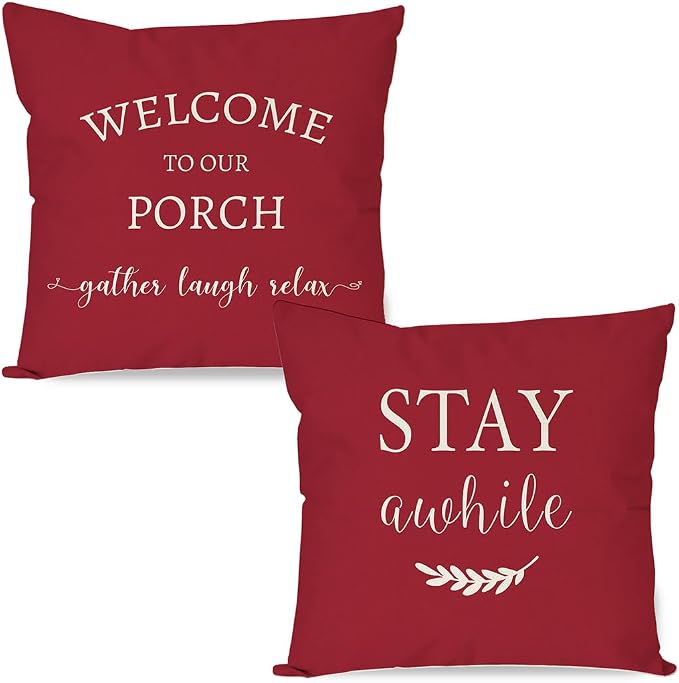 PANDICORN Welcome to Our Porch Stay Awhile Outdoor Decorative Throw Pillow by PANDICORN