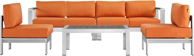 Modway Shore 5-Piece Aluminum Outdoor Patio Sectional Sofa Set in Silver Orange by Modway