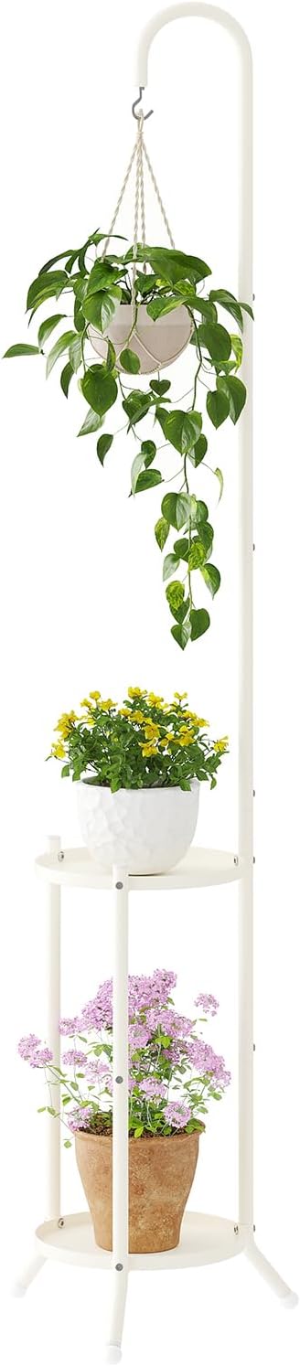 2-Tier Metal Plant Stand with Hanging Hook, Indoor Outdoor Plant Shelf by Unknown
