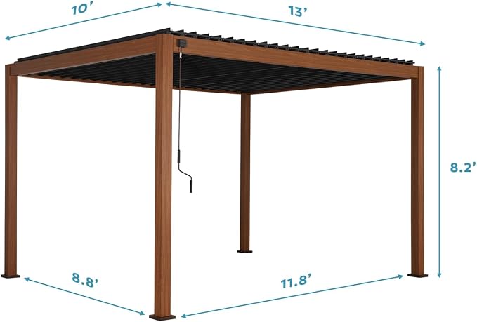 MIRADOR 111S Takasho Louvered Pergola 10x13 Wood Grain Outdoor Aluminum Pergola - Image 6