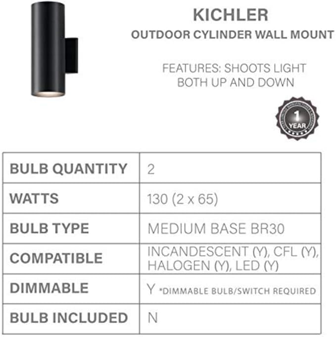 Kichler Cylinders 12" Outdoor Wall Sconce in Black, 2-Light Exterior Wall Light - Image 5