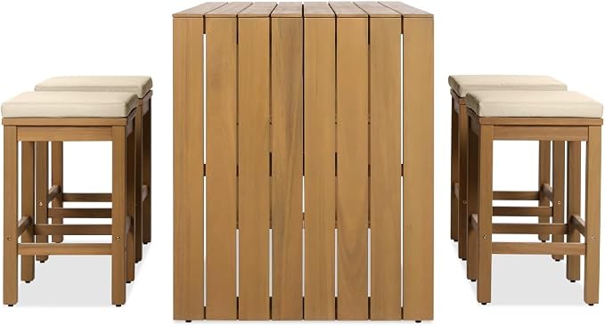 5 Piece Outdoor Bar Set, Patio Acacia Wood Bar Height Table & Four Stools - Image 9