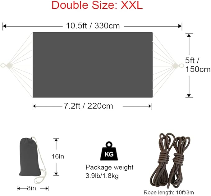 Hammock Outdoor 2 People 220x150cm Total Length 330cm Load 300kg Canvas Cotton - Image 2