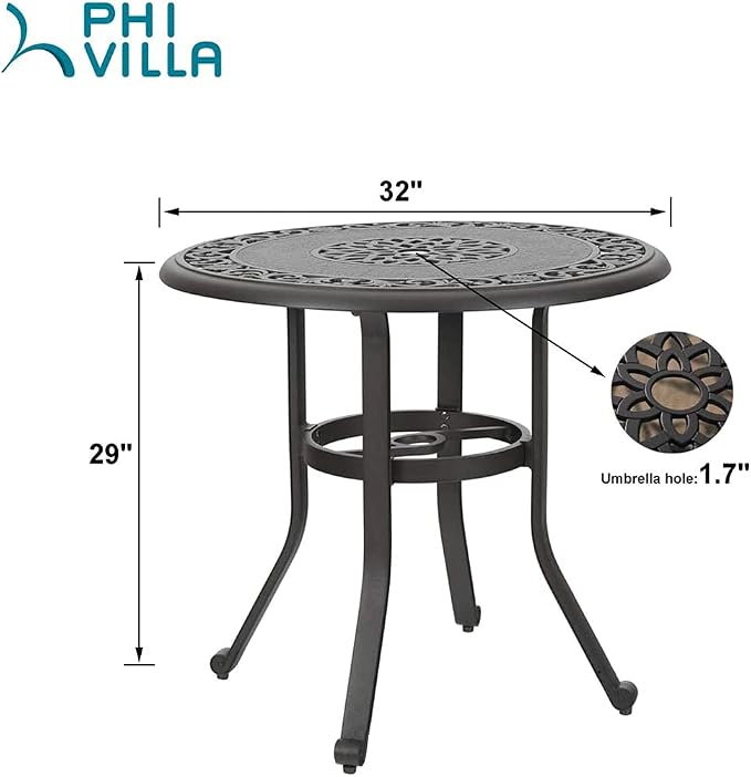 PHI VILLA 32 in Cast Aluminum Patio Outdoor Bistro Round Dining Table - Image 3