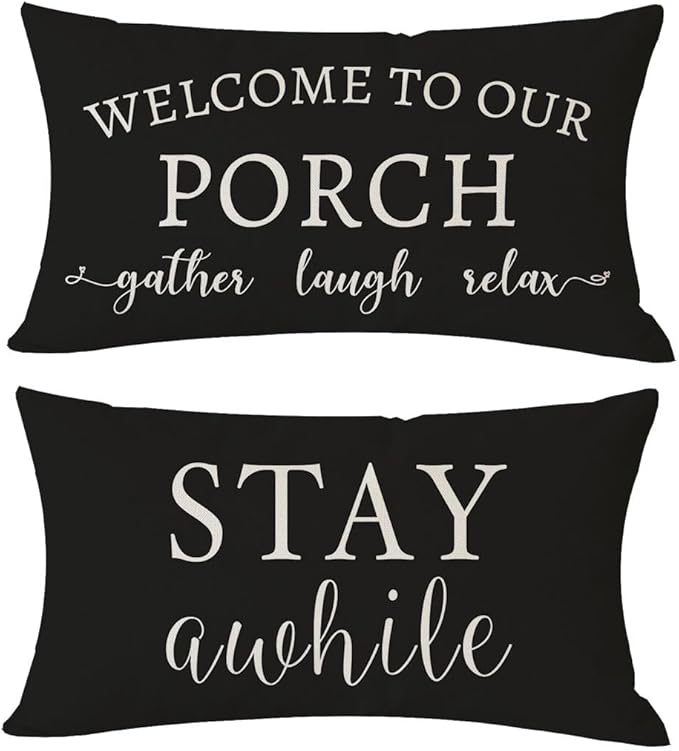 PANDICORN Welcome to Our Porch Stay Awhile Farmhouse Black and White Outdoor by PANDICORN