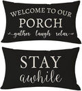 PANDICORN Welcome to Our Porch Stay Awhile Farmhouse Black and White Outdoor by PANDICORN