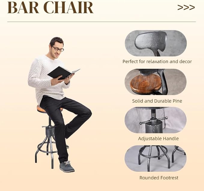 LOKKHAN Set of 2 Rustic Industrial Bar Stool-24-30 Adjustable Metal Swivel - Image 4