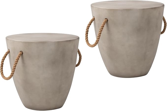 COSIEST Set of 2 Outdoor Cup Shaped Side Table, Concrete Side Table w Hemp Rope by COSIEST