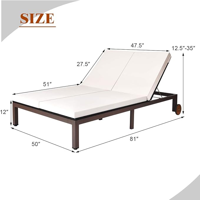 COSTWAY 2-Person Patio Rattan Lounge Chair Chaise Recliner Adjustable Cushion - Image 2