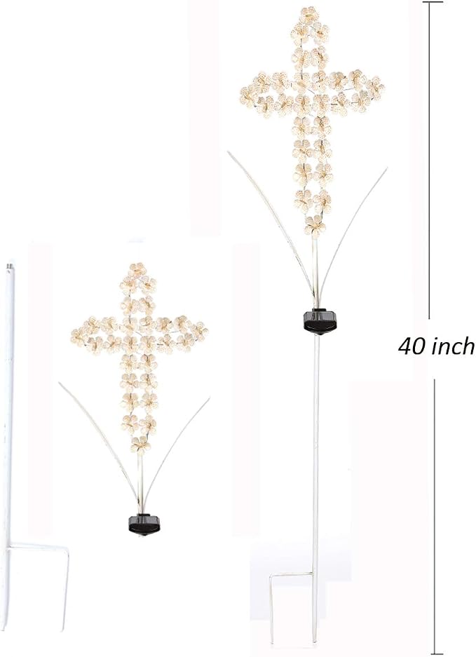 White Cross Garden Stake Solar Lights Metal Hydrangea Cross Stake Memorial Gift - Image 5