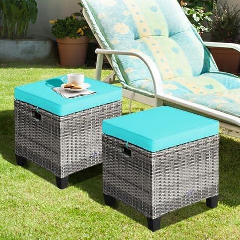 LDAILY Moccha 2 Pieces Patio Outdoor Ottoman, All Weather Rattan Patio Ottoman by LDAILY