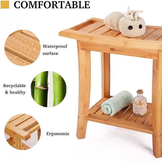 Bamboo Shower Bench with Storage Shelf, Wooden Spa Bath Deluxe Organizer Shower - Image 6