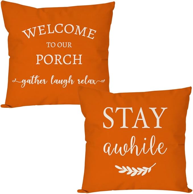 PANDICORN Welcome to Our Porch Stay Awhile Farmhouse Throw Pillow Covers 20x20 by PANDICORN