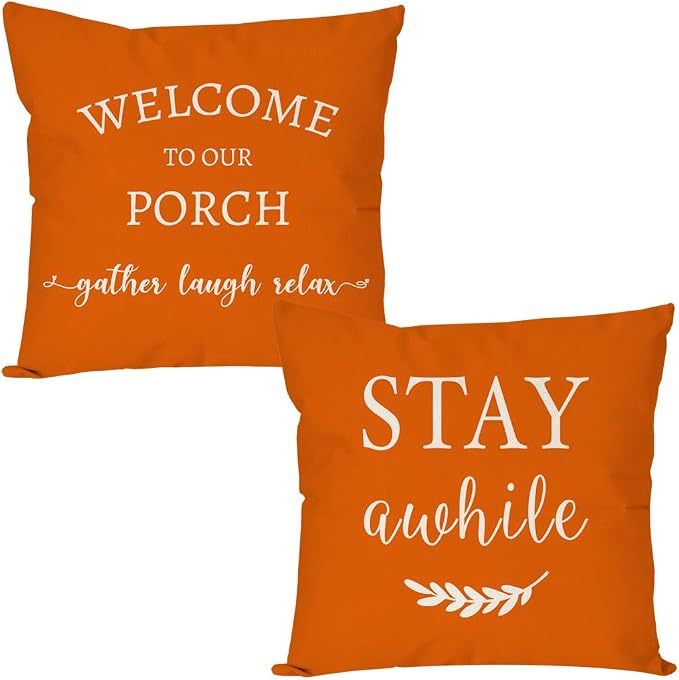 PANDICORN Welcome to Our Porch Stay Awhile Farmhouse Throw Pillow Covers 18x18 by PANDICORN