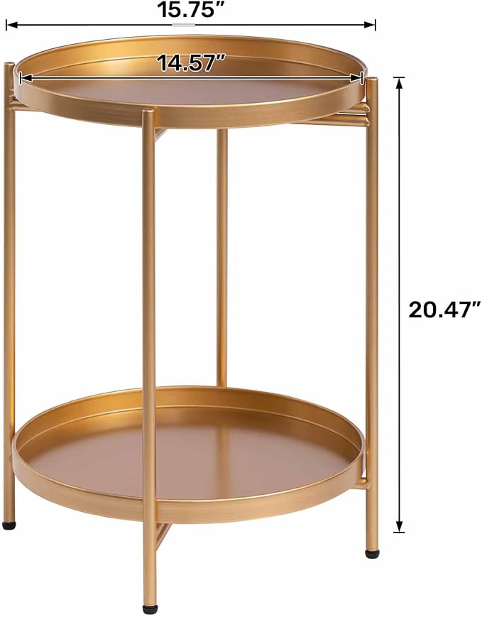 HollyHOME 2-Tier Round Gold Side Table, Outdoor Small Folding Accent Stand - Image 3