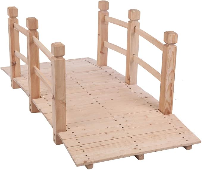 5FT Wooden Garden Bridge with Handrails, Decorative Landscape Footbridge - Image 2