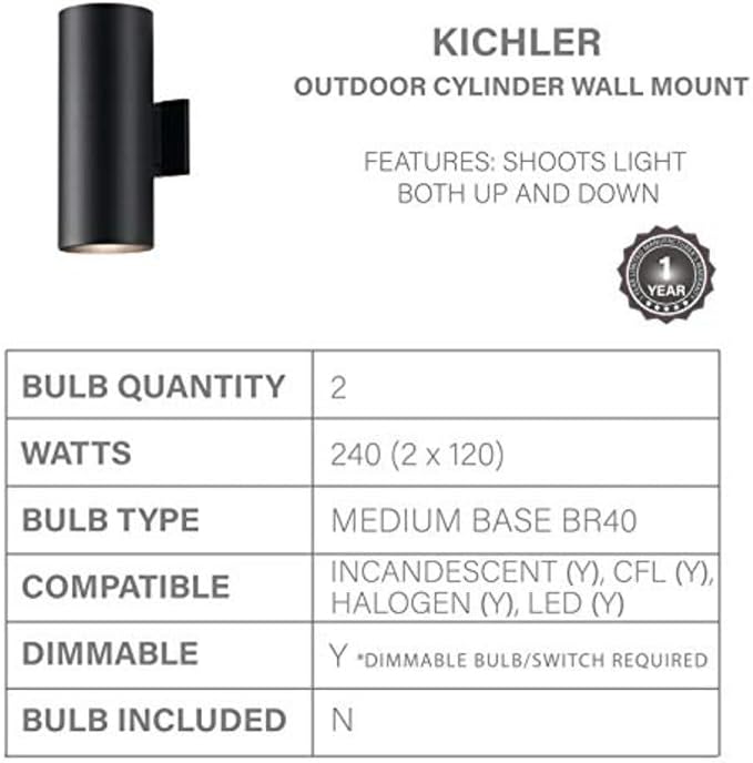 Kichler Cylinders 15" 2-Light Outdoor Cylinder Wall Sconce in Black - Image 3