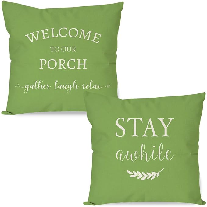 PANDICORN Welcome to Our Porch Stay Awhile Outdoor Decorative Throw Pillow by PANDICORN