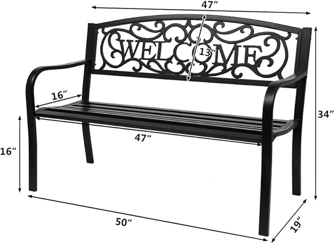 50in Outdoor Garden Park Bench, Outdoor Metal Porch Benches, Weatherproof Patio - Image 3