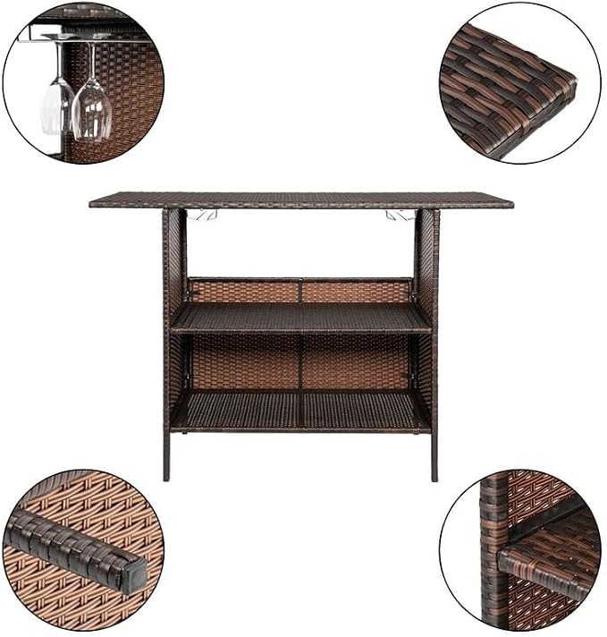 Patio Wicker Bar Table with Cup Holder Brown Modern Contemporary Rectangular - Image 4