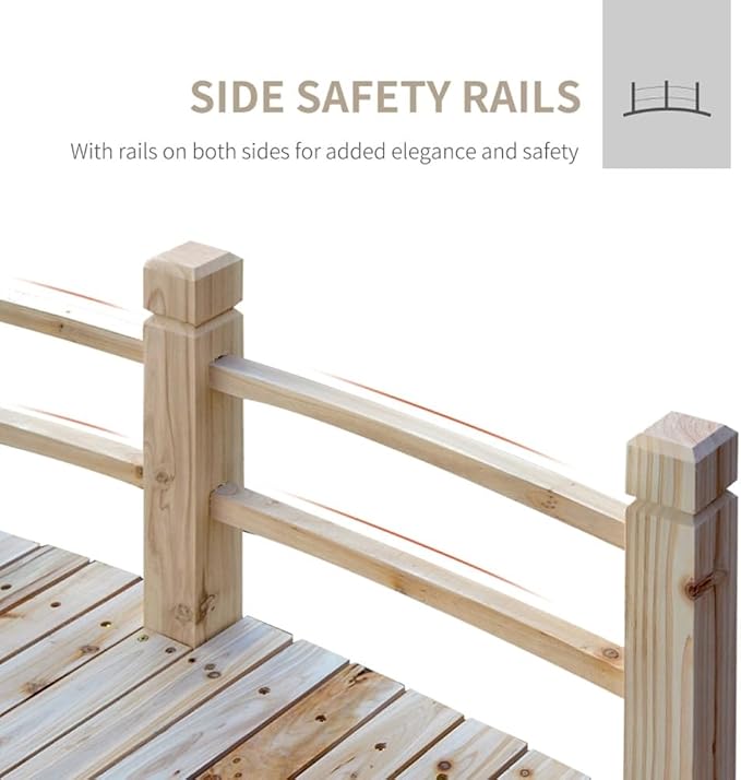 5FT Wooden Garden Bridge with Handrails, Decorative Landscape Footbridge - Image 2