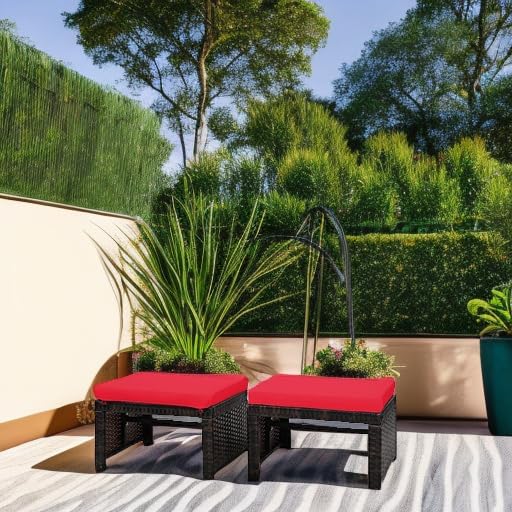 Tangkula 2 Pieces Patio Rattan Ottomans, All Weather Outdoor Footstool Footrest - Image 5