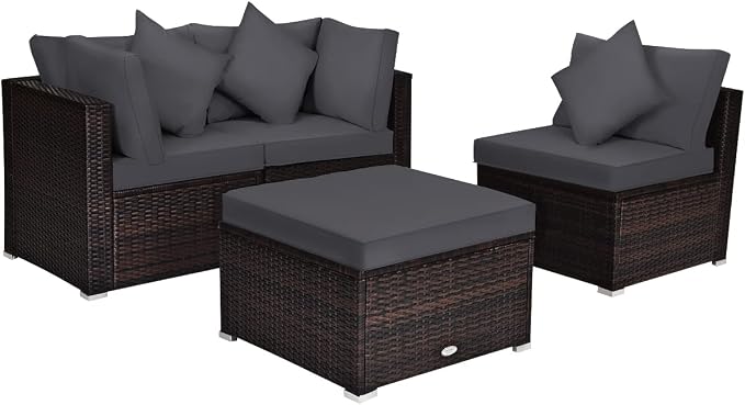 Tangkula 4 Pieces Patio Rattan Sofa Set, Outdoor Wicker Sectional Furniture Set by TANGKULA
