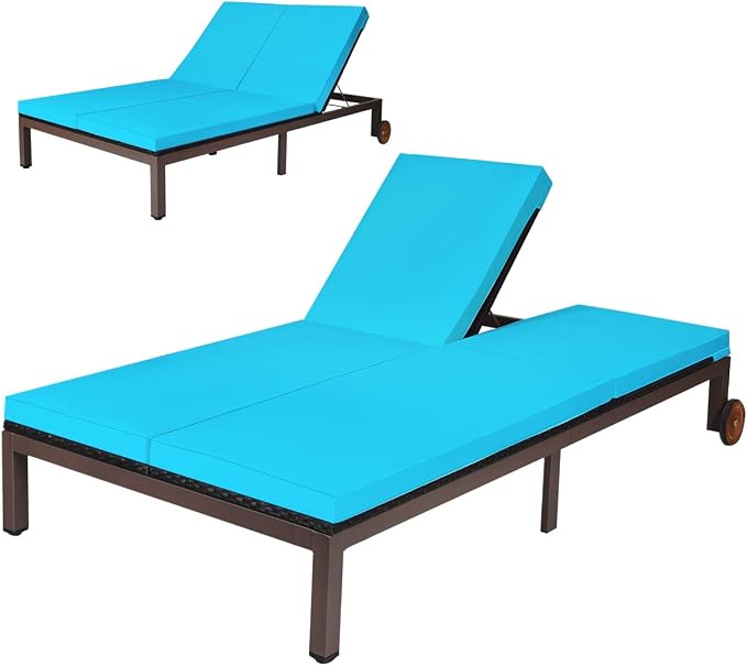 COSTWAY 2-Person Patio Rattan Lounge Chair Chaise Recliner Adjustable Cushion by COSTWAY