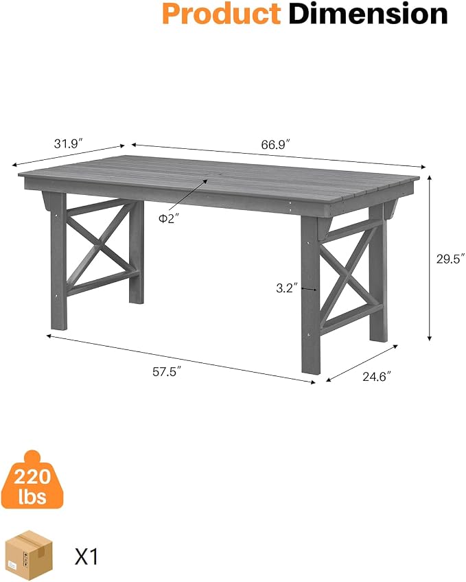 HDPE Outdoor Dining Table, 66.9” Rectangle Patio Dining Table - Image 3