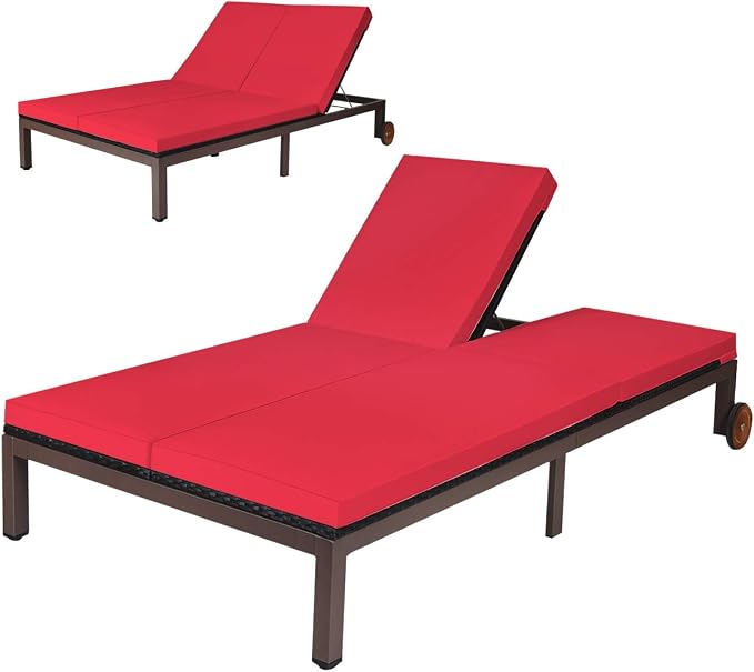 COSTWAY 2-Person Patio Rattan Lounge Chair Chaise Recliner Adjustable Cushion by COSTWAY
