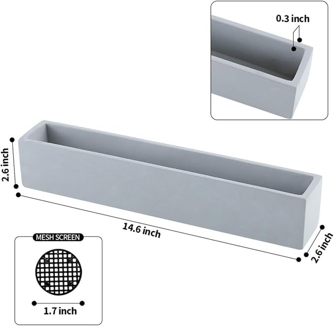 14.5-Inch Grey Rectangle Concrete Succulent Planter Windowsill Boxes - Image 6