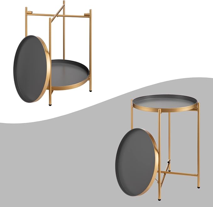 HollyHOME 2-Tier Round Gold Side Table, Outdoor Small Folding Accent Stand - Image 9