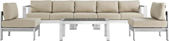 Modway Shore 6-Piece Aluminum Outdoor Patio Sectional Sofa Set in Silver Beige by Modway