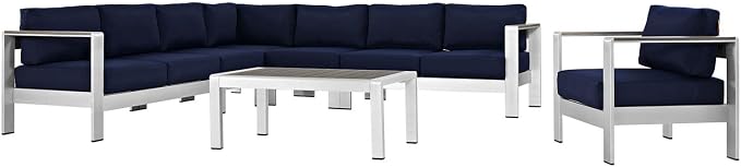 Modway Shore 7-Piece Aluminum Outdoor Patio Sectional Sofa Set in Silver Navy by Modway