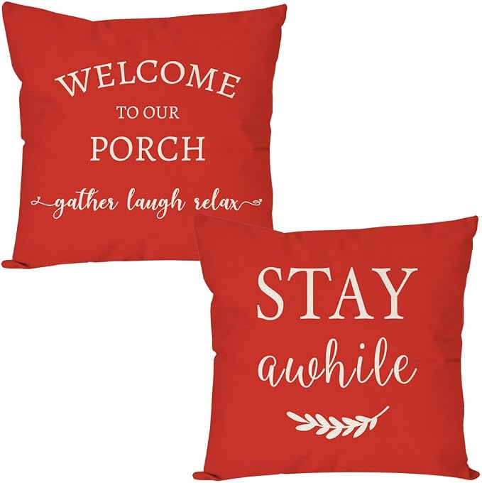 PANDICORN Welcome to Our Porch Stay Awhile Farmhouse Decorative Throw Pillow by PANDICORN