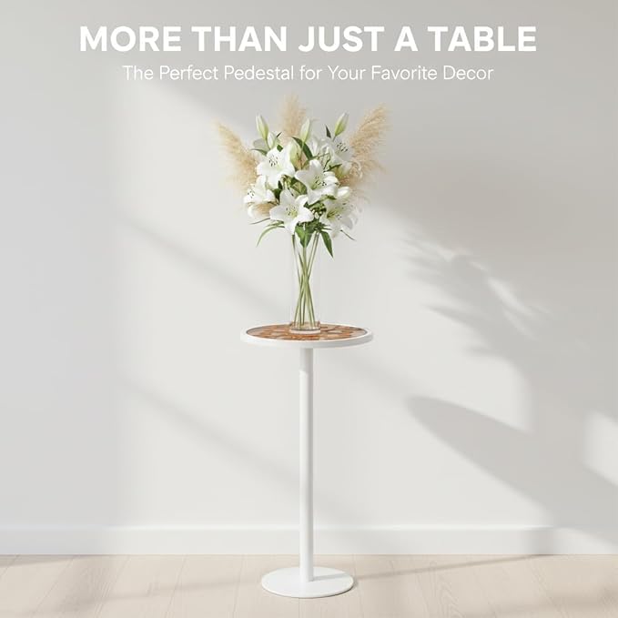 White Drink Table with Amber Tempered Glass Top, Indoor Outdoor Small Round - Image 9