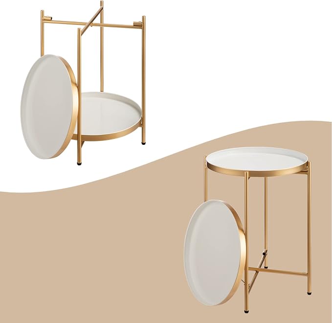 HollyHOME 2-Tier Round Gold Side Table, Outdoor Small Folding Accent Stand - Image 9