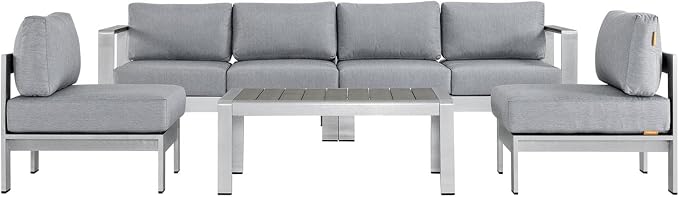 Modway Shore 5-Piece Aluminum Outdoor Patio Sectional Sofa Set in Silver Gray by Modway