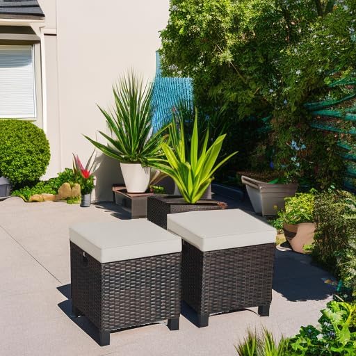 Tangkula 2 Pieces Outdoor Patio Ottoman, All Weather Rattan Wicker Ottoman Seat - Image 6
