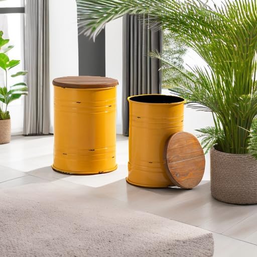 Glitzhome Rustic End Table Set of 2, Farmhouse Galvanized Metal Barrel Ottoman - Image 6